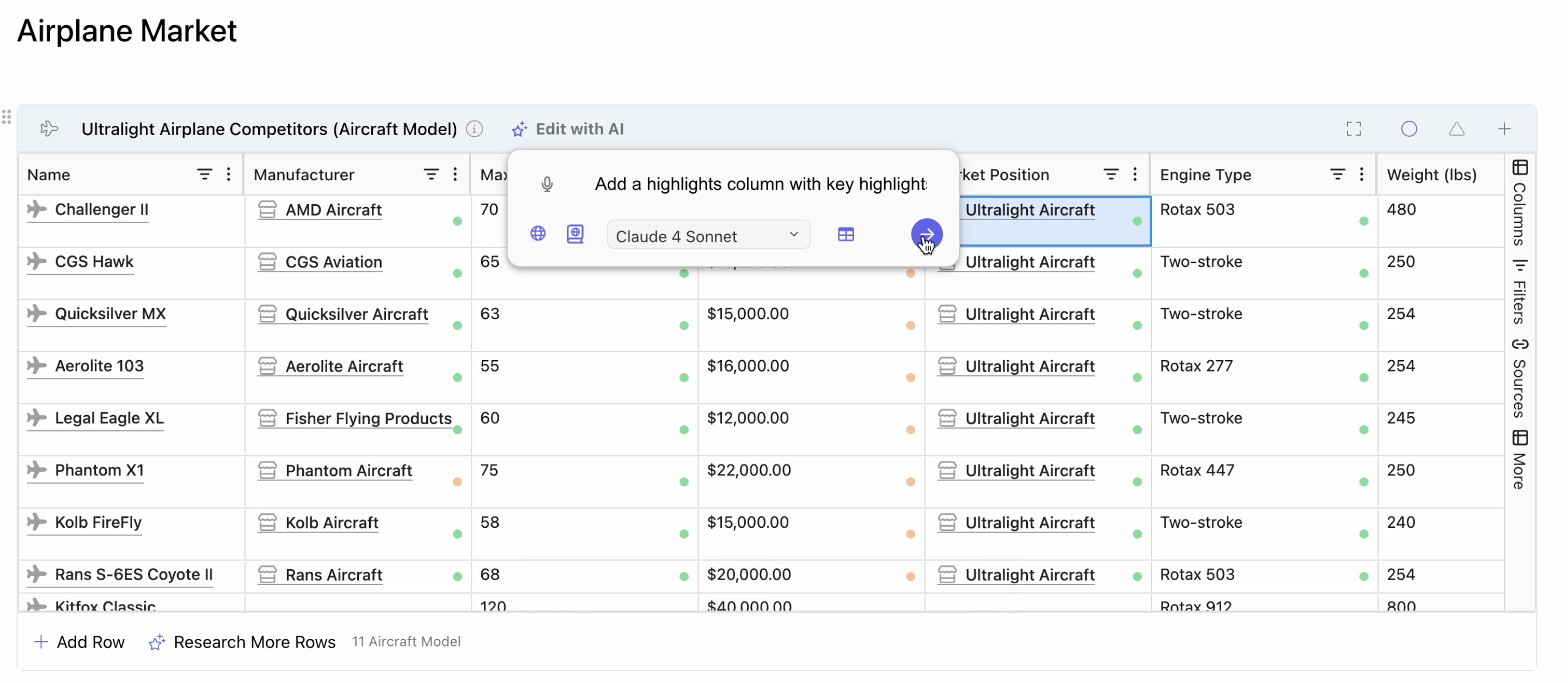 Stravu AI Tables - add column aI
