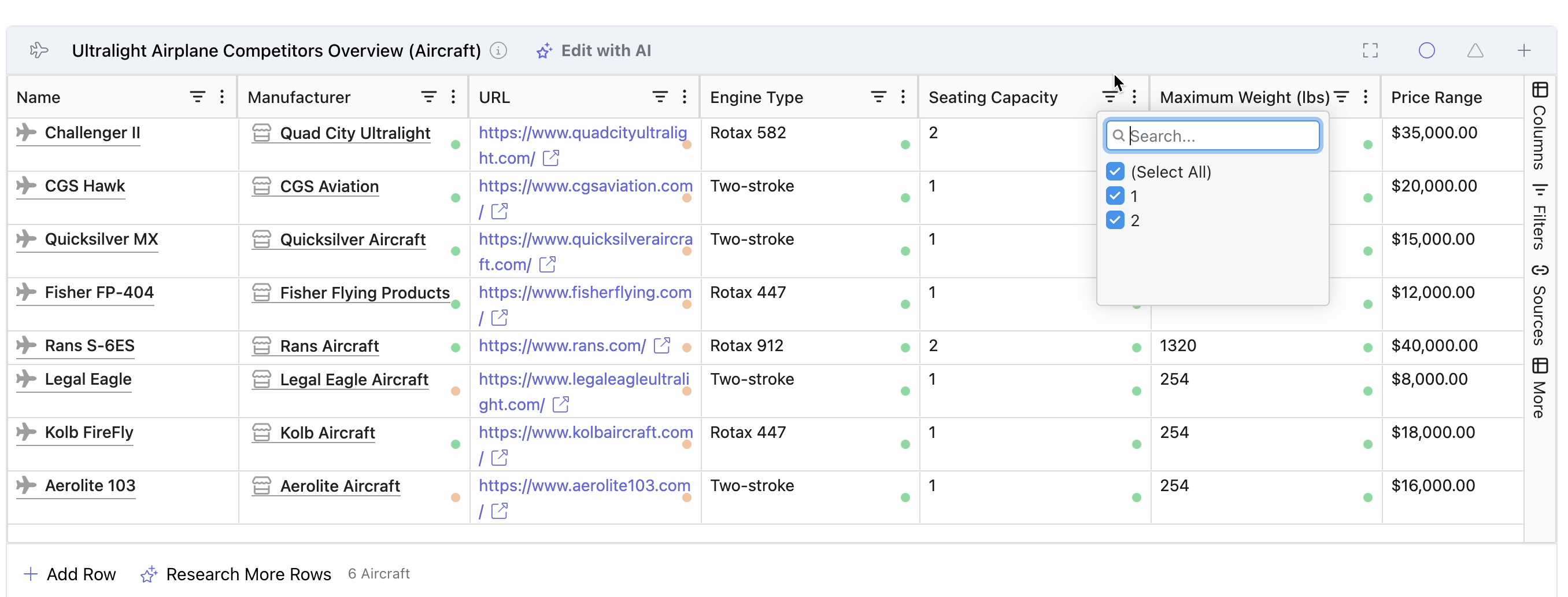 Stravu AI Tables - filter